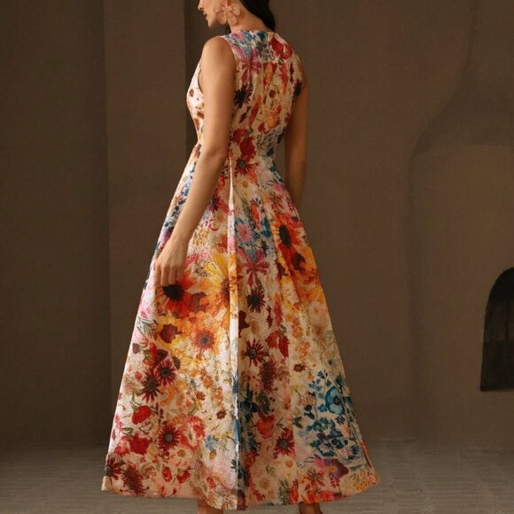 Multicolor Boho Women's Round Neck Floral Waist Fitted A-Line Dress - Picture 2 of 6